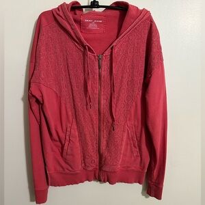 DKNY Jeans Deep Coral Front Lace Overlay Hooded Sweatshirt, Size L
